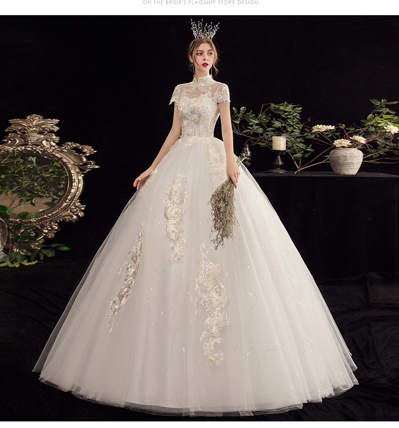 Wedding Dresses 2025High Neck Short Sleeve Appliques Lace Beading Pearl Sequins